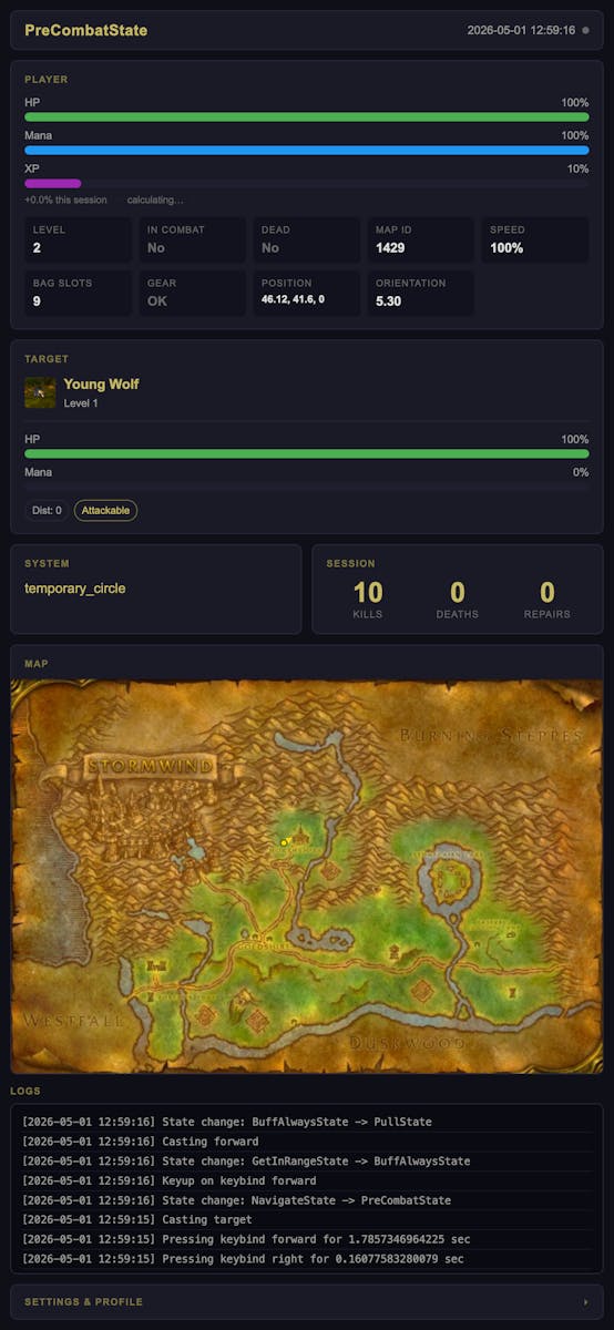Web UI to monitor the bot's state. Shows the main player stats, the current target and their state, the current map and the player's position on it, and the logs for the bot.